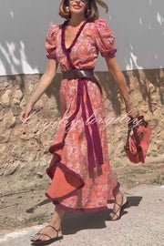 Bohemian Floral Print Elegant Puff Sleeve Holiday Maxi Dress