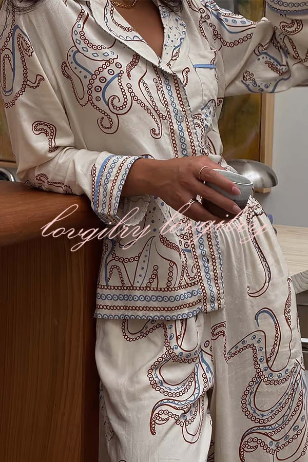 Calm Seas Line Octopus Unique Print Loose Shirt and Elastic Waist Pocketed Pajama Set