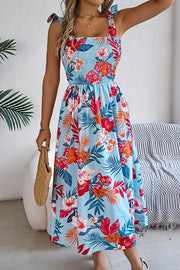 Plant Print Suspenders Pleated Holiday Beach Midi Dress