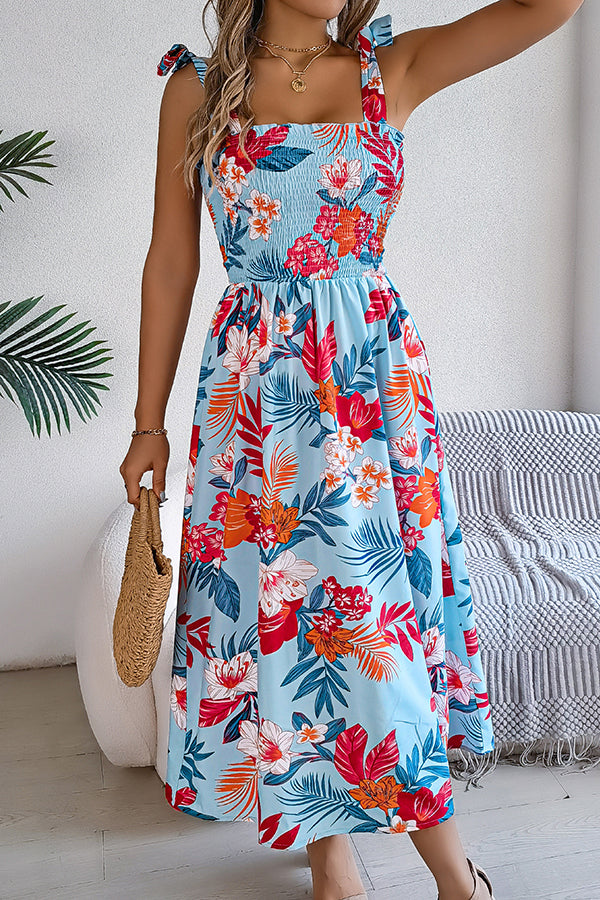 Plant Print Suspenders Pleated Holiday Beach Midi Dress