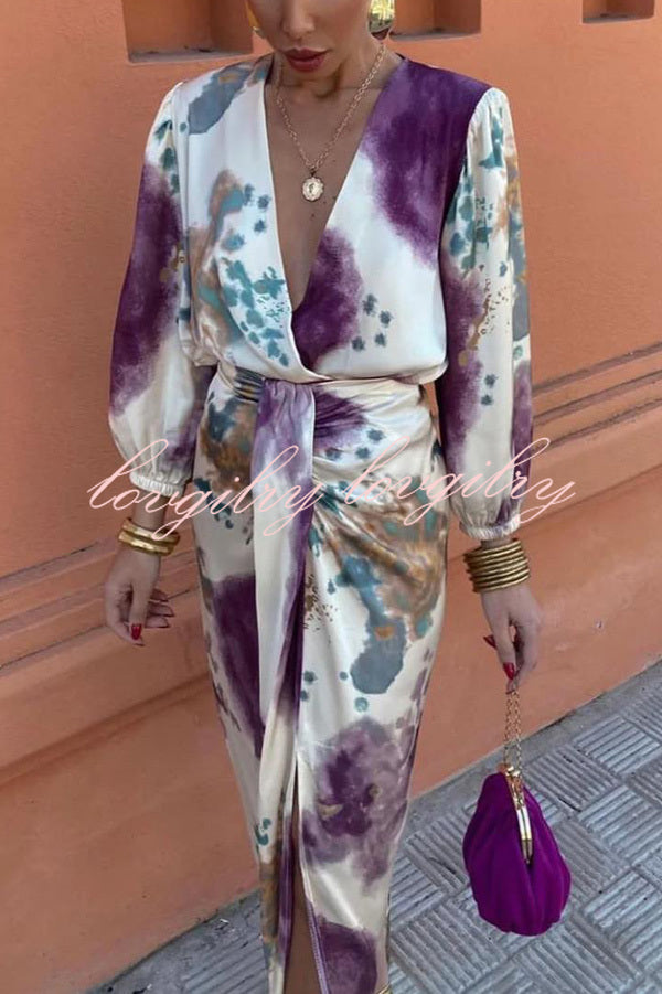 Luxury Party Satin Tie-dye Print V-neck Long Sleeve Shirt