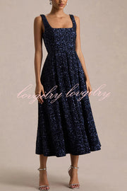 Effortless Sparkle Sequin Square Neck Wide Strap A-Line Midi Dress