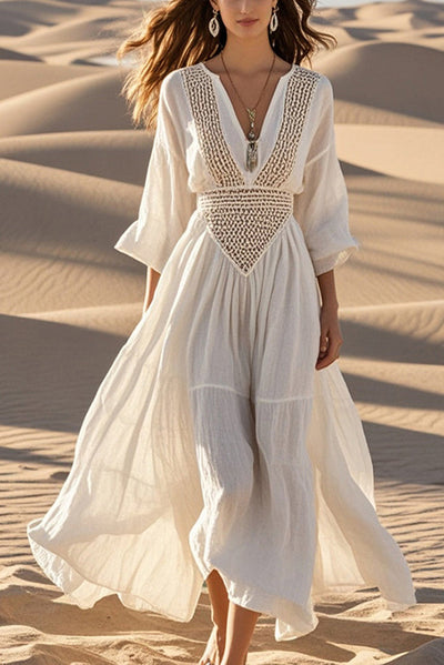 Fashion Hollow V-neck Full Hem Holiday Style Midi Dress