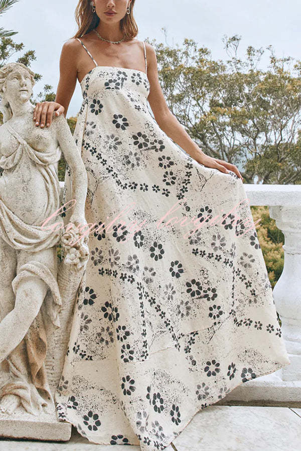 Linen Blend Floral Print Strappy Full-hem Backless Maxi Dress