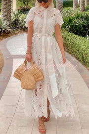 Dubai Style Floral Crochet Lace Short Sleeve Tie-up Shirt Maxi Dress