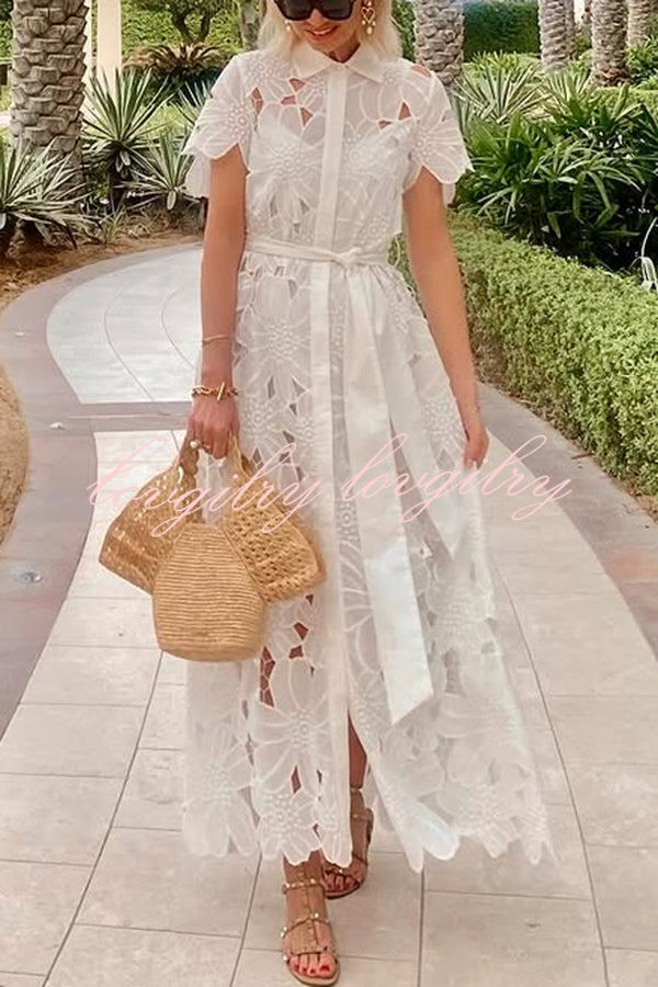 Dubai Style Floral Crochet Lace Short Sleeve Tie-up Shirt Maxi Dress