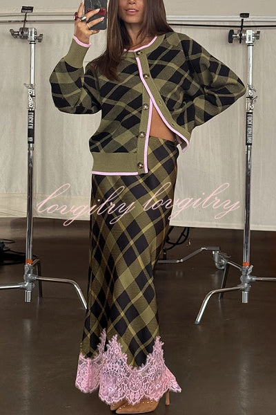 Holiday plaid Satin Unique Print Patchwork Lace Stretch Waist Draped Maxi Skirt