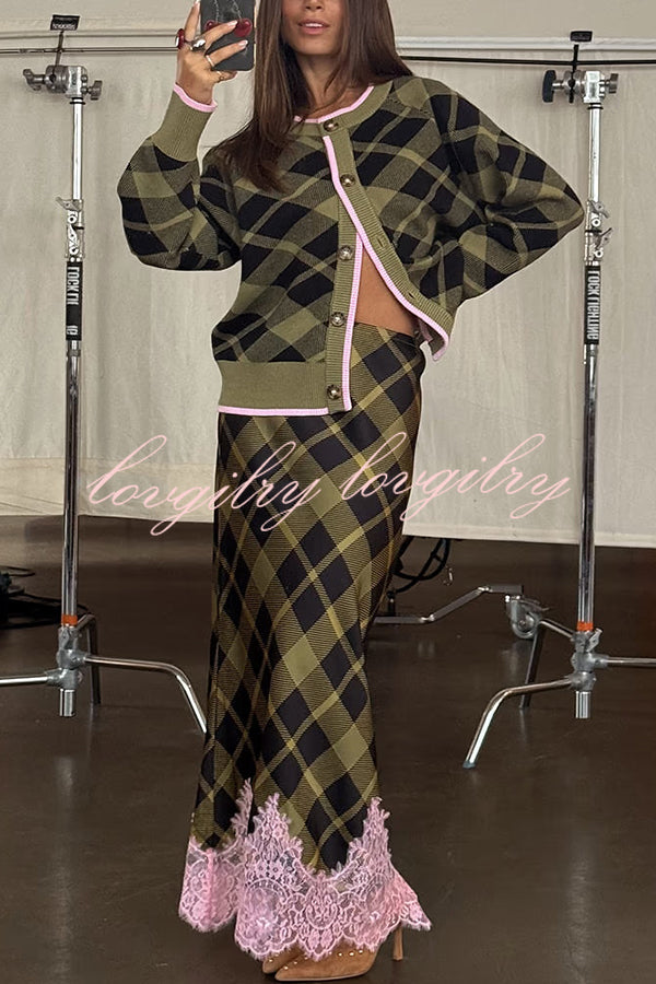 Holiday plaid Satin Unique Print Patchwork Lace Stretch Waist Draped Maxi Skirt