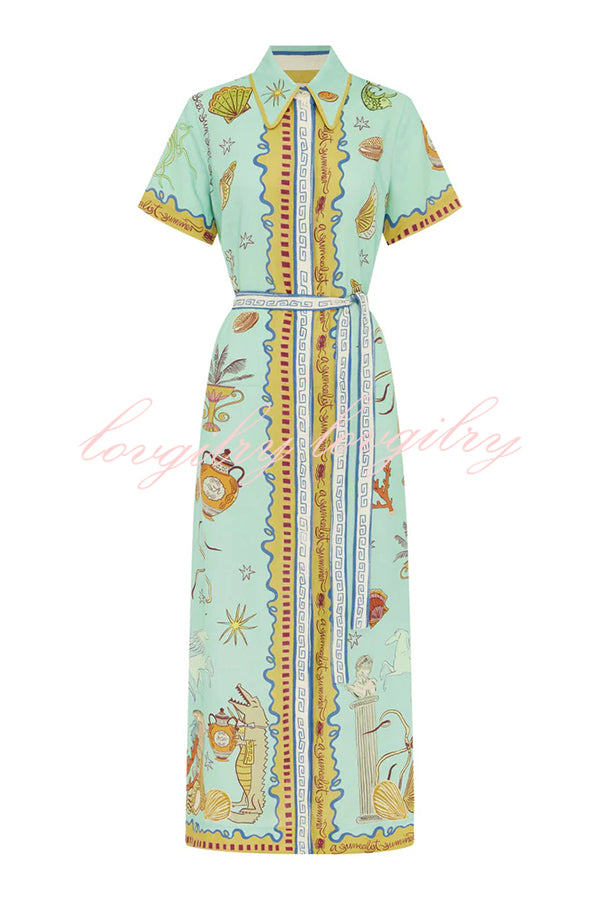 Deep Sea Dreaming Linen Blend Unique Print Short Sleeve Tie-up Shirt Maxi Dress