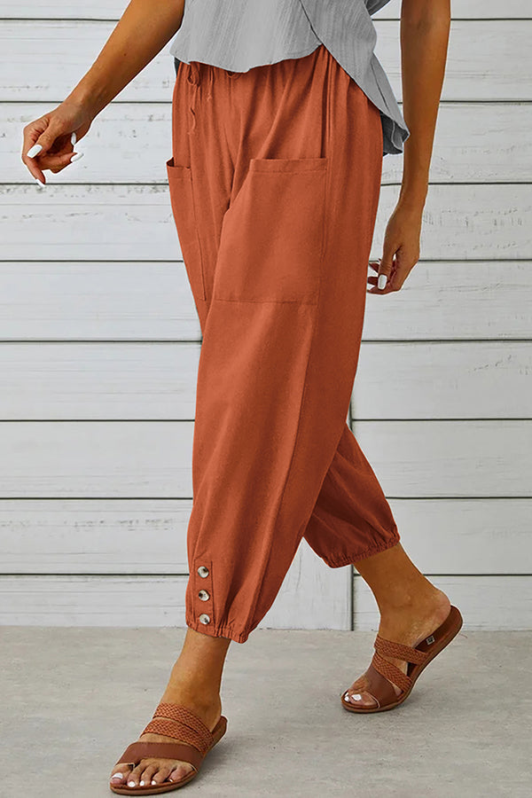 Tatum Linen Blend Elastic Waist Pocketed Button Hem Pants