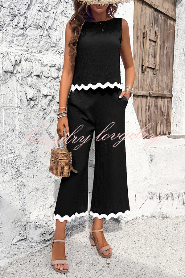 Wave Trimmed Round Neck Buttoned Elastic Waist Pants Suit