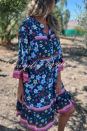 Ethnic Floral Print V-neck Loose Pocket Mini Dress