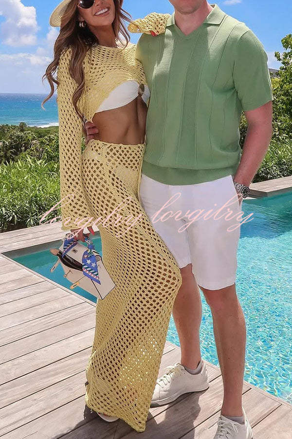 At The Coast Knit Hollow Out Long Sleeve Crop Top and Drawstring Low Rise Maxi Vacation Skirt Set