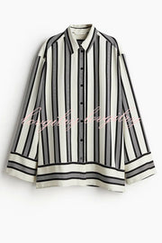 Lifetime of Happiness Striped Long Sleeve Loose Shirt and Elastic Waist Pocket Pants Set