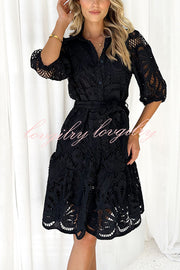 Solid Color Lace Cutout Balloon Sleeves and Waist Tie Mini Dress