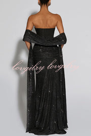 Paula Sequined Mesh and Jersey Off Shoulder Ruched Knot Drape Shawl Maxi Dress