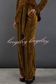 Solid Color Velvet Long-sleeved Waist Tie Top and Elastic Waist Casual Pocket Straight-leg Pants Set