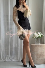 Gothic Romantic Lace Satin Patchwork High Neck Bell Sleeve Loose Mini Dress