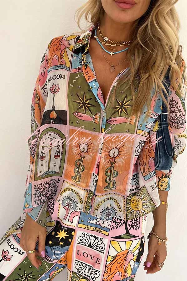 Whimsical Tarot Inspired Print Dolman Sleeve Flowy Shirt and Elastic Waist Wide Leg Pants Set