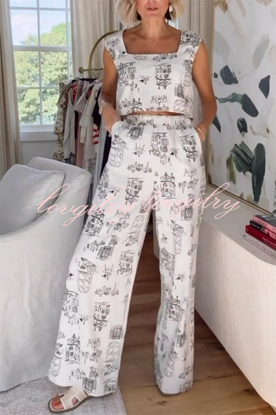 Maeve Linen Blend Unique Print Square Neck Tank and Elastic Waist Pocket Loose Pants Set