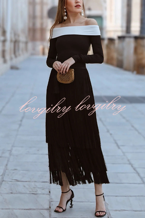 Elegant Tassel Hem Elastic Waist Casual Maxi Skirt