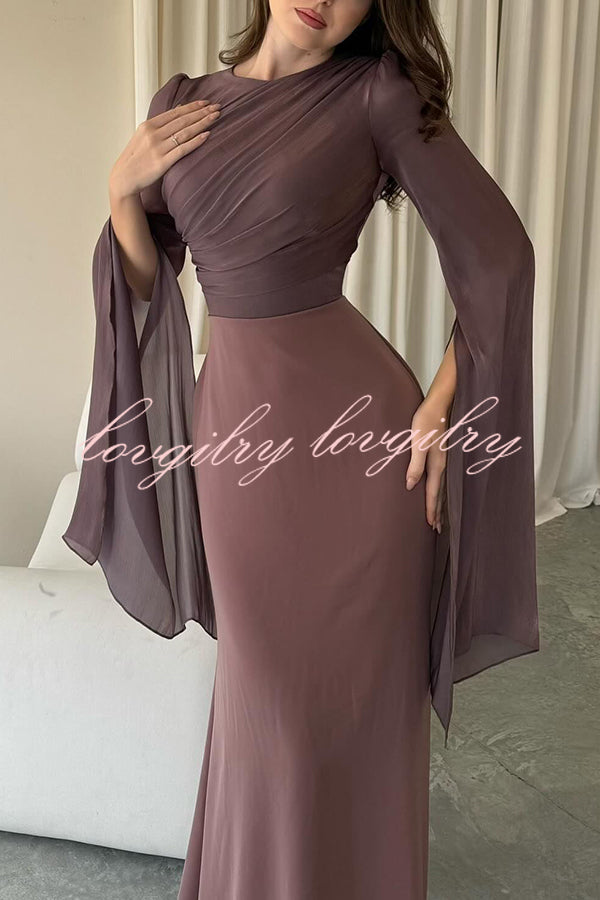 Liora Ruched Organza and Satin Patchwork Design Long Bell Slit Sleeve Maxi Dress