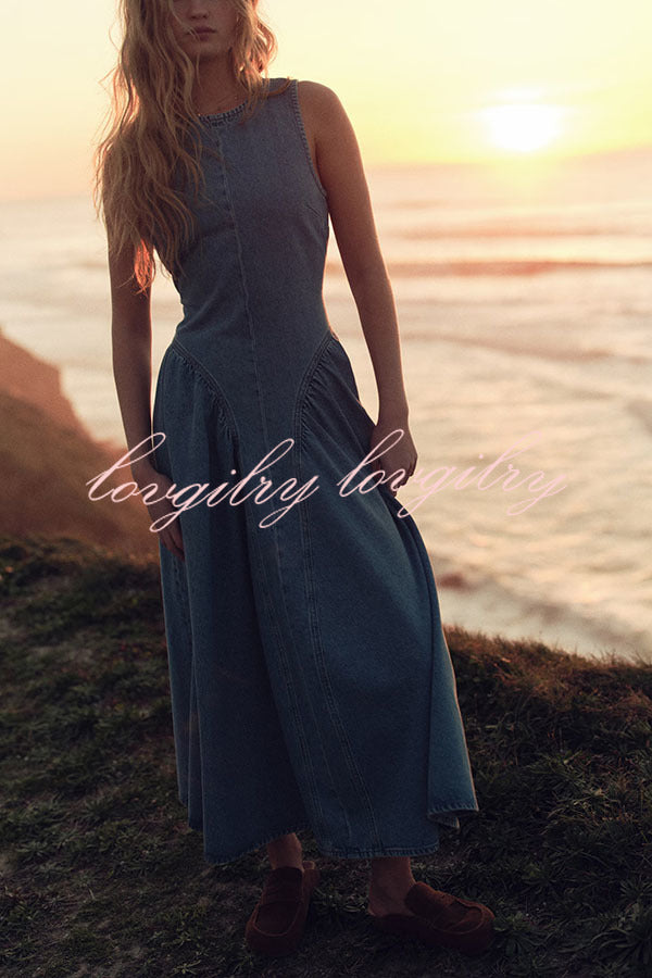 Classic and Stylish Denim Open Back Tie-up Gathered Hip Stretch Midi Dress