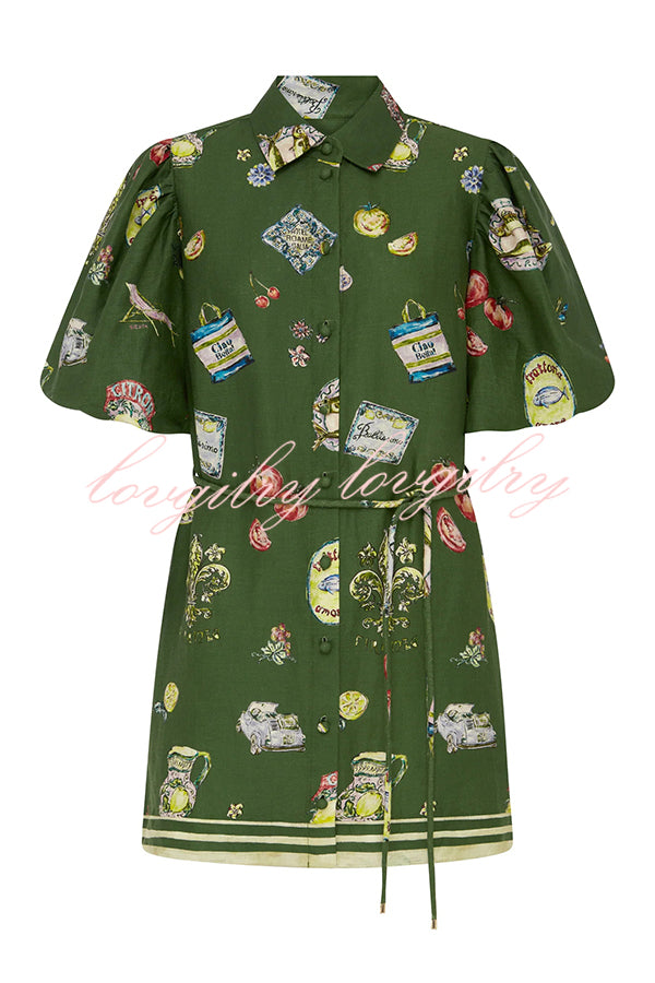 Linen Blend Unique Print Puff Sleeve Casual Mini Dress
