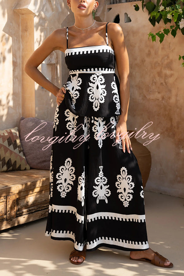 Unique Ethnic Print Suspender Pleated Top and Elastic Waist Loose Wide-leg Pants Set