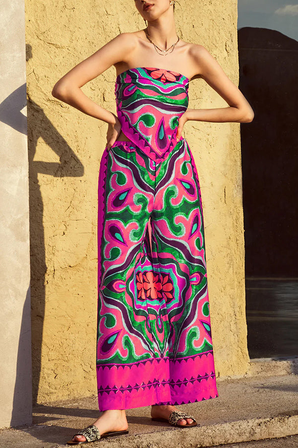 Ethnic Style Unique Print Tube Top and Elastic Waist Casual Pocket Wide Leg Pants Set