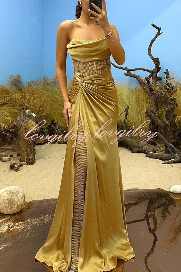 Essie Satin Rhinestone Patchwork Twist Waist Strapless Slit Maxi Dress