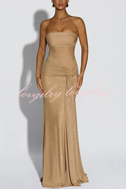 Paula Sequined Mesh and Jersey Off Shoulder Ruched Knot Drape Shawl Maxi Dress