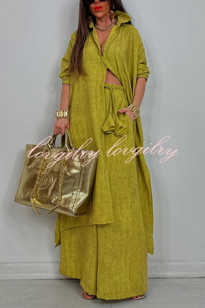 Solid Color Casual Loose Long Shirt and Elastic Waist Pocket Wide Leg Pants Set