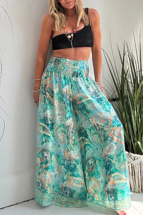 Stella Leopard Print High Rise Smocked Waist Pocketed Wide Leg Pants