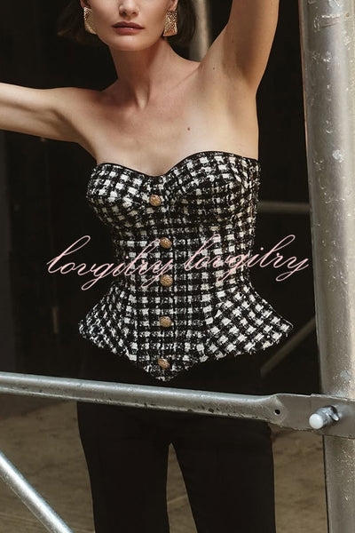 Maya Check Bouclé-tweed Fabric Sweetheart Neck Gold Button Strapless Tank
