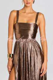 Artistic Quality Metallic Pleated Fabric Removable Straps Slit Maxi Dress