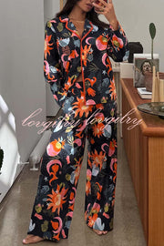 Evening Routine Unique Print Color-block Trim Loose Shirt and Elastic Waist Pocketed Pajama Set