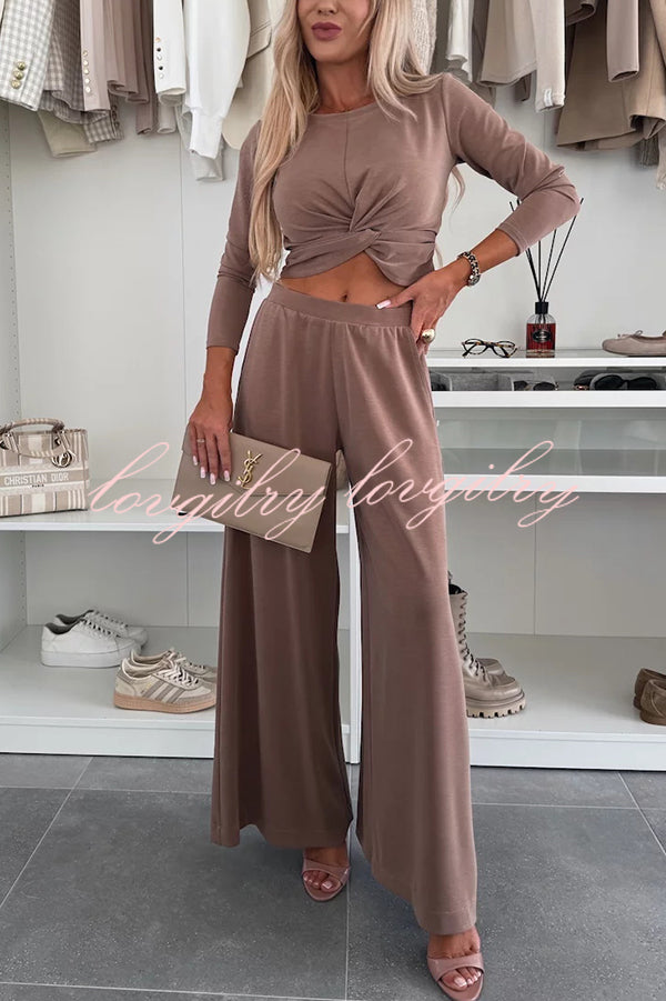 Solid Color Round Neck Long Sleeve Twist Crop Top and Elastic Waist Pocket Wide Leg Pants Set