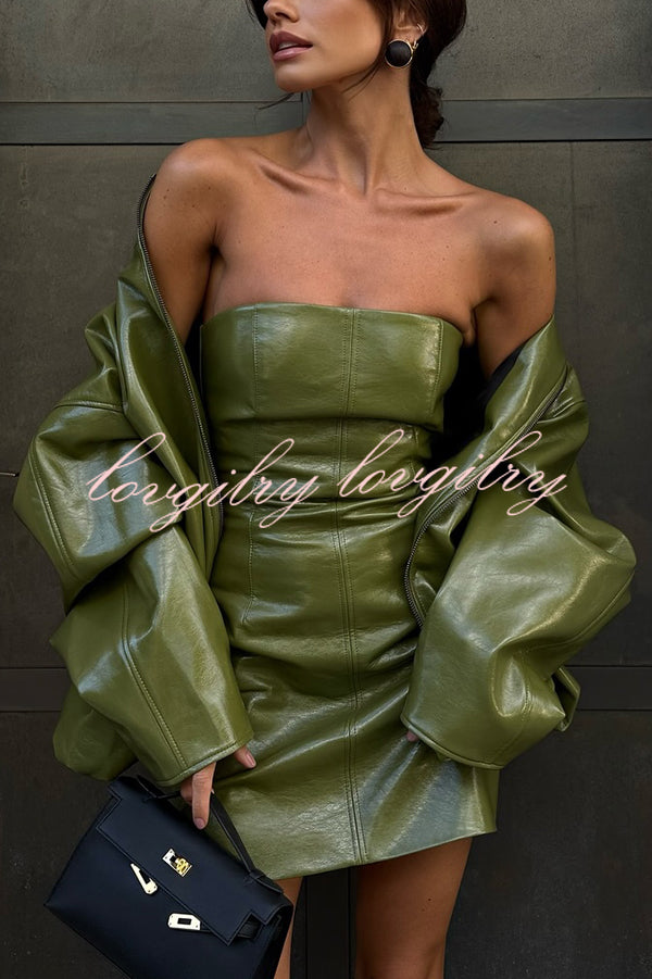 Solid Color Loose Long Sleeve Pocket Casual Leather Jacket