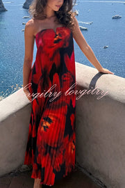 For Every Occasion Satin Pleated Floral Print V-wire Bandeau Neck Maxi Dress