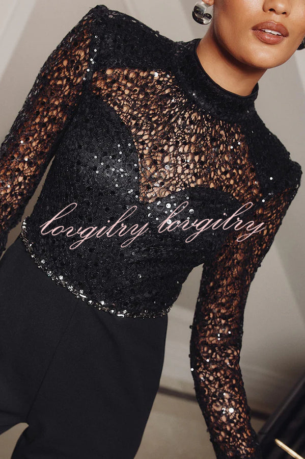 Aerie Sequin Embellished Mock Neck Long Sleeve Feather Cuff Flare Jumpsuit