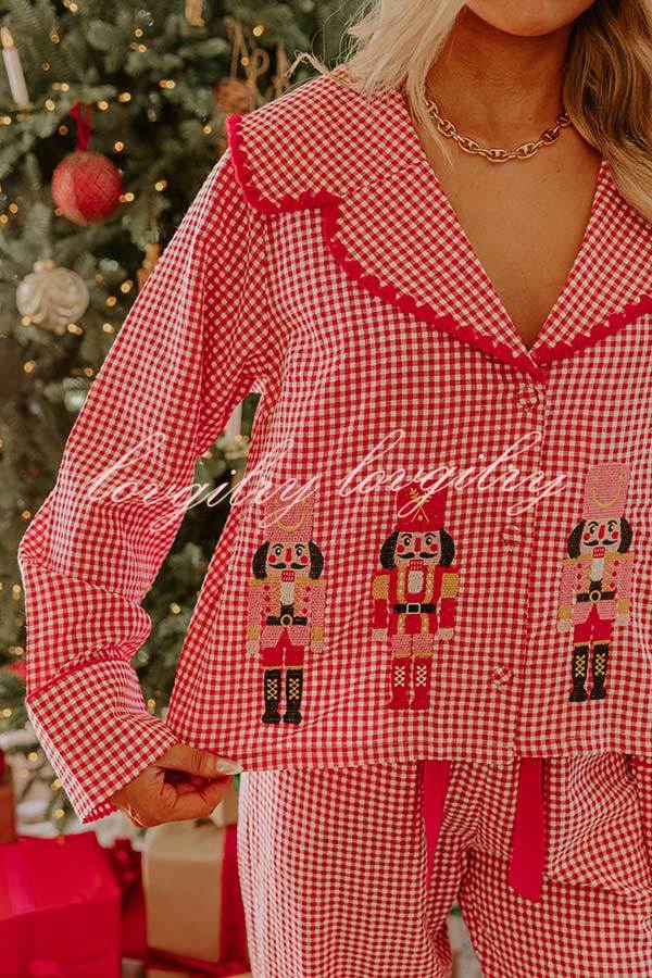 Nutcracker Charm Embroidered Gingham Loose Shirt and Elastic Waist Pajama Set