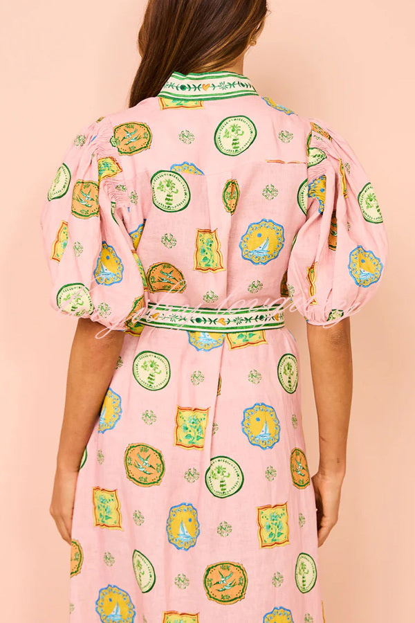 Orla Unique Print Balloon Sleeves Printed Belt Pocket Midi Dress