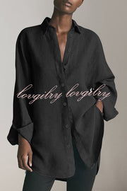 Reality Calling Linen Blend Solid Button Long Sleeve Loose Blouse