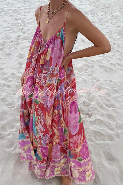 Painter's Garden Boho Floral Print Strappy A-line Maxi Dress