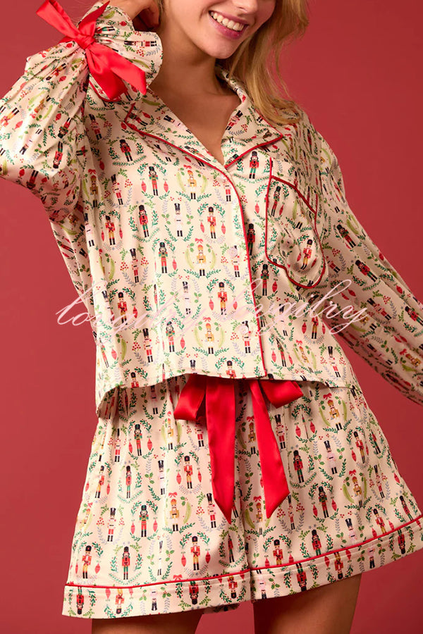 Christmas Print Lace-up Cuff Top and Elastic Waistband Pocket Casual Shorts Set