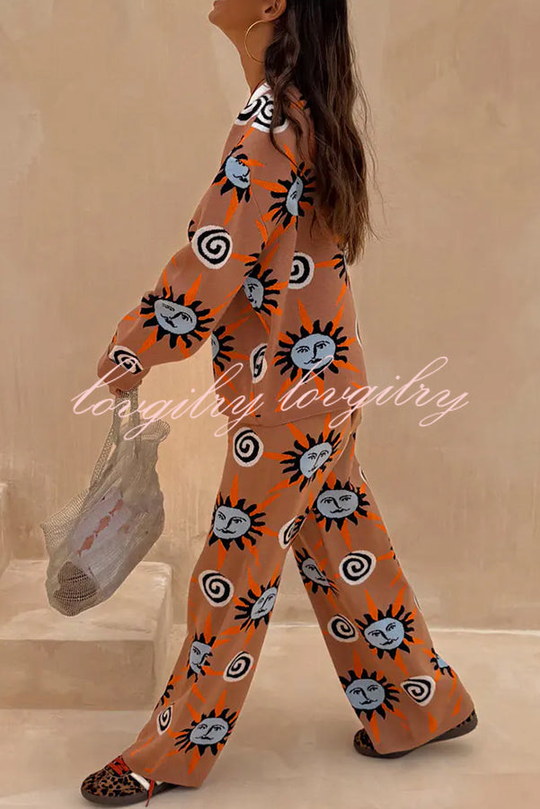 Mediterranean Art Knit Unique Sun Vortex Print Elastic Waist Wide Leg Pants