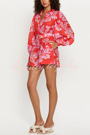 Linen Blend Botanical Print Lapel Puff Sleeve Loose Tie Casual Rompers