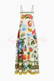 Holiday Paradise Linen Blend Unique Print Smocked Back Pocket Maxi Dress