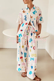 Summer Beach Element Printed Button Lace Up Pocket Pants Suit